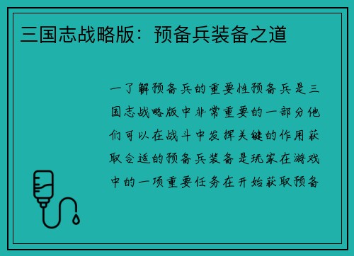 三国志战略版：预备兵装备之道