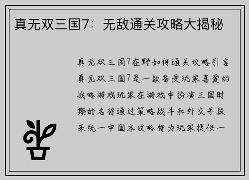 真无双三国7：无敌通关攻略大揭秘