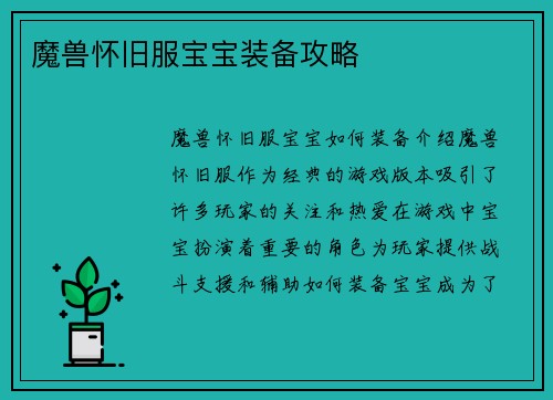 魔兽怀旧服宝宝装备攻略