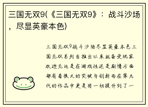 三国无双9(《三国无双9》：战斗沙场，尽显英豪本色)
